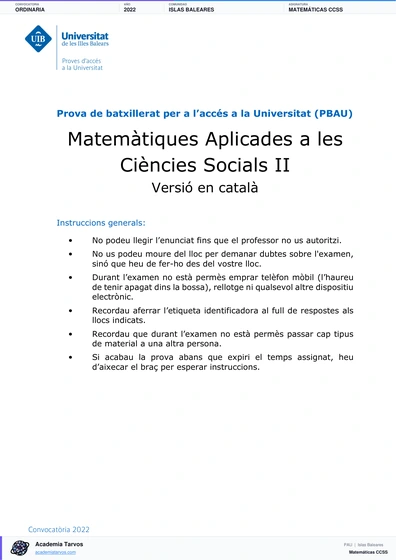 Vista previa de Examen PAU de Matemáticas CCSS de Illes Balears 2022 – Ordinaria