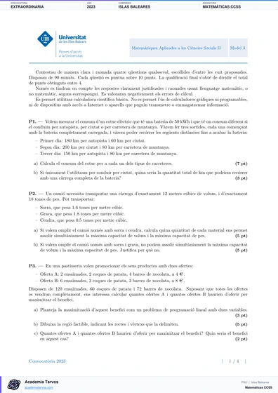 Vista previa de Examen PAU de Matemáticas CCSS de Illes Balears 2023 – Extraordinaria