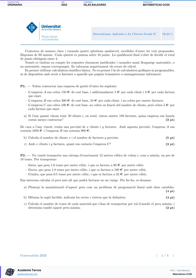Vista previa de Examen PAU de Matemáticas CCSS de Illes Balears 2023 – Ordinaria