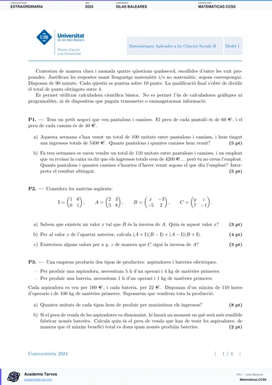 Vista previa de Examen PAU de Matemáticas CCSS de Illes Balears 2024 – Extraordinaria