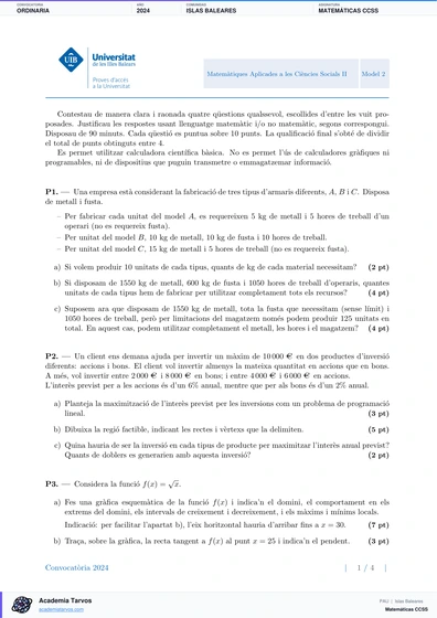 Vista previa de Examen PAU de Matemáticas CCSS de Illes Balears 2024 – Ordinaria