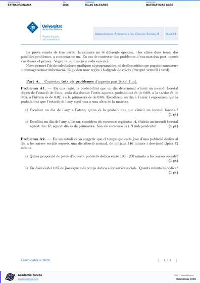 Vista previa de Examen PAU de Matemáticas CCSS de Illes Balears 2026 – Extraordinaria