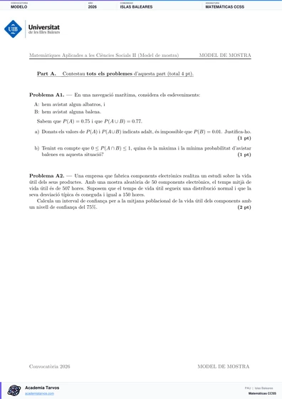 Vista previa de Modelo PAU de Matemáticas CCSS de Illes Balears 2026