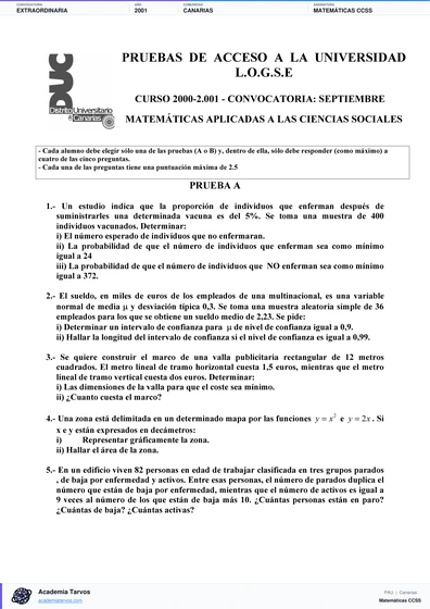 Vista previa de Examen PAU de Matemáticas CCSS de Canarias 2001 – Extraordinaria