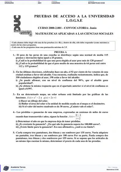 Vista previa de Examen PAU de Matemáticas CCSS de Canarias 2001 – Ordinaria