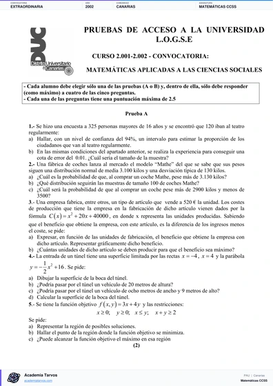 Vista previa de Examen PAU de Matemáticas CCSS de Canarias 2002 – Extraordinaria