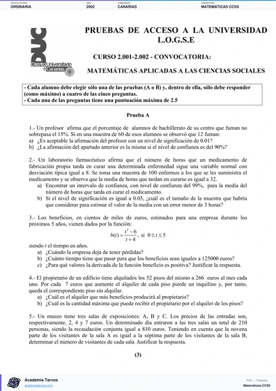 Vista previa de Examen PAU de Matemáticas CCSS de Canarias 2002 – Ordinaria