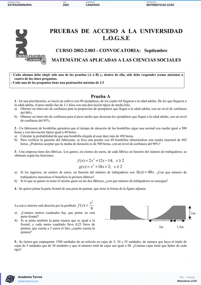 Vista previa de Examen PAU de Matemáticas CCSS de Canarias 2003 – Extraordinaria
