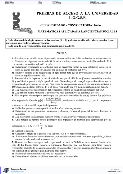 Vista previa de Examen PAU de Matemáticas CCSS de Canarias 2003 – Ordinaria