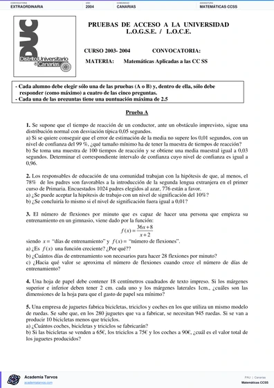 Vista previa de Examen PAU de Matemáticas CCSS de Canarias 2004 – Extraordinaria