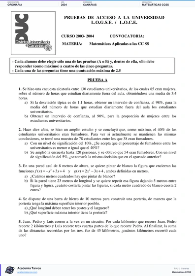 Vista previa de Examen PAU de Matemáticas CCSS de Canarias 2004 – Ordinaria