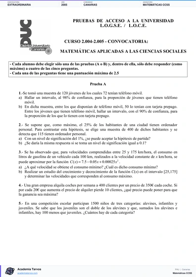 Vista previa de Examen PAU de Matemáticas CCSS de Canarias 2005 – Extraordinaria