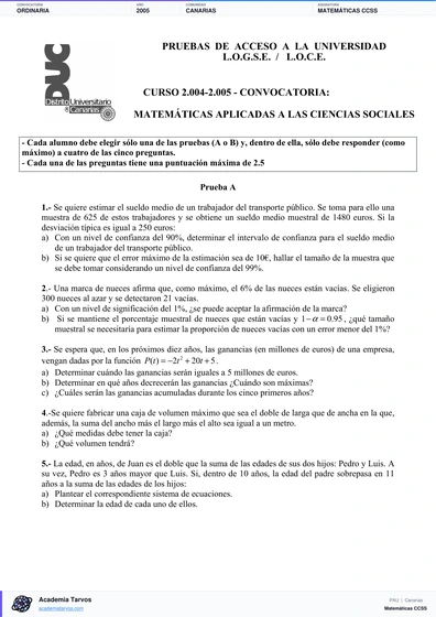 Vista previa de Examen PAU de Matemáticas CCSS de Canarias 2005 – Ordinaria