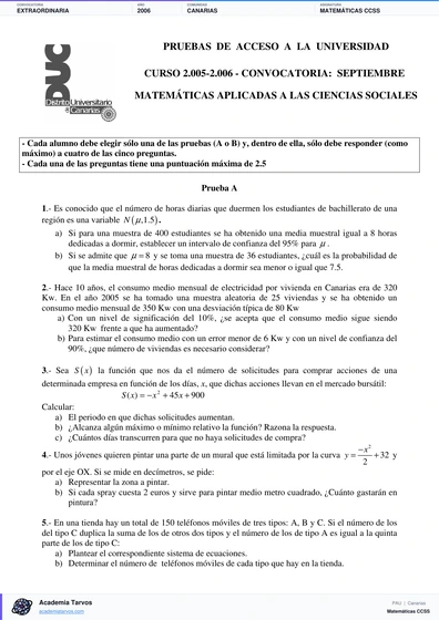 Vista previa de Examen PAU de Matemáticas CCSS de Canarias 2006 – Extraordinaria