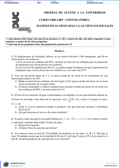 Vista previa de Examen PAU de Matemáticas CCSS de Canarias 2007 – Extraordinaria