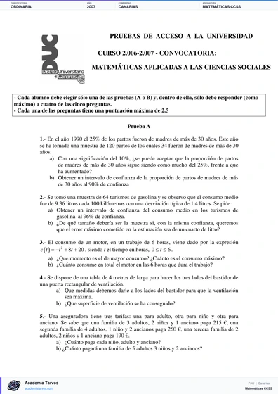 Vista previa de Examen PAU de Matemáticas CCSS de Canarias 2007 – Ordinaria