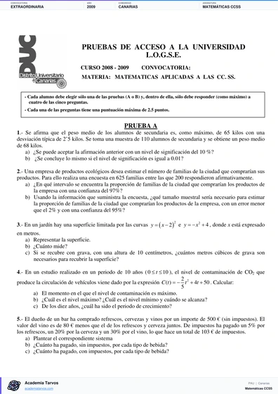 Vista previa de Examen PAU de Matemáticas CCSS de Canarias 2009 – Extraordinaria