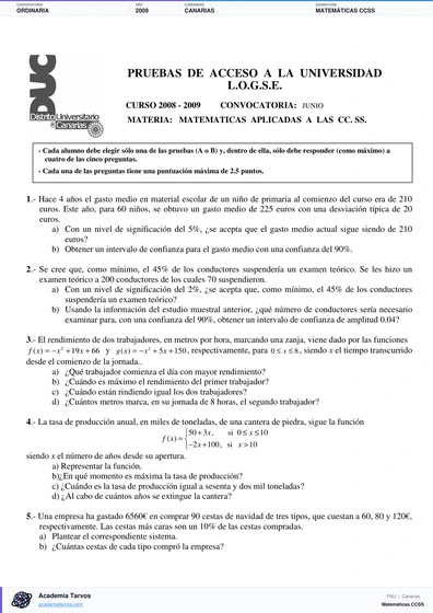 Vista previa de Examen PAU de Matemáticas CCSS de Canarias 2009 – Ordinaria