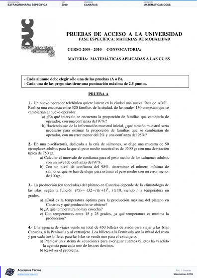 Vista previa de Examen PAU de Matemáticas CCSS de Canarias 2010 – Extraordinaria Específica