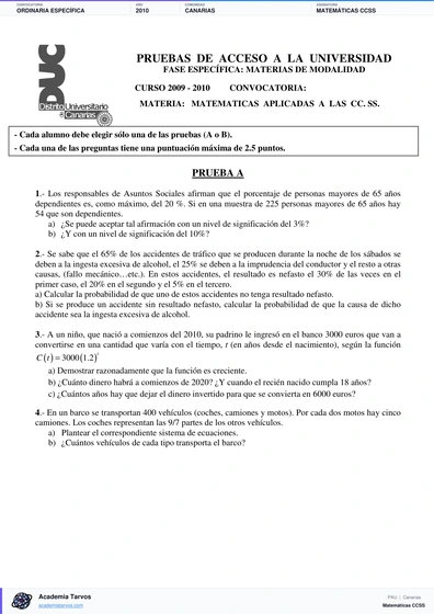 Vista previa de Examen PAU de Matemáticas CCSS de Canarias 2010 – Ordinaria Específica