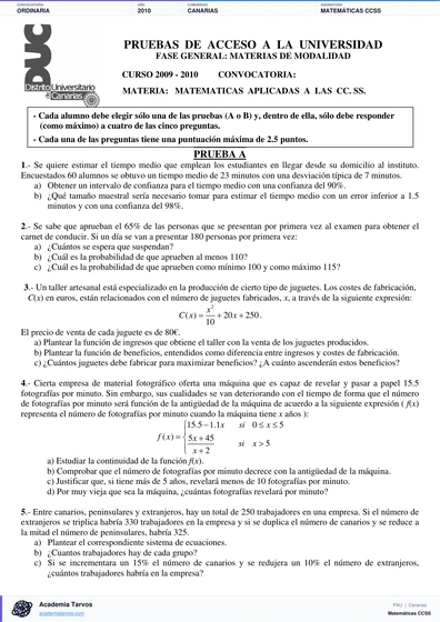 Vista previa de Examen PAU de Matemáticas CCSS de Canarias 2010 – Ordinaria