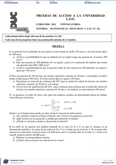 Vista previa de Examen PAU de Matemáticas CCSS de Canarias 2011 – Extraordinaria