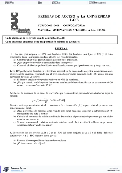 Vista previa de Examen PAU de Matemáticas CCSS de Canarias 2011 – Ordinaria