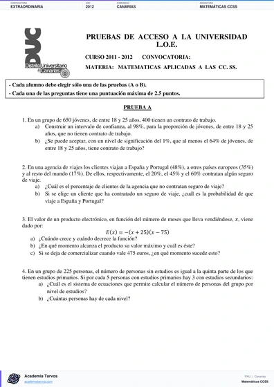Vista previa de Examen PAU de Matemáticas CCSS de Canarias 2012 – Extraordinaria