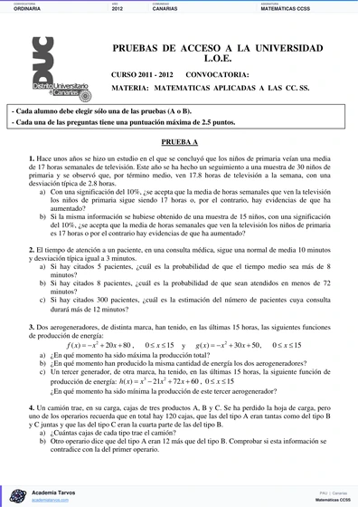 Vista previa de Examen PAU de Matemáticas CCSS de Canarias 2012 – Ordinaria