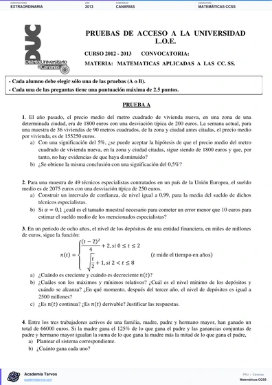 Vista previa de Examen PAU de Matemáticas CCSS de Canarias 2013 – Extraordinaria