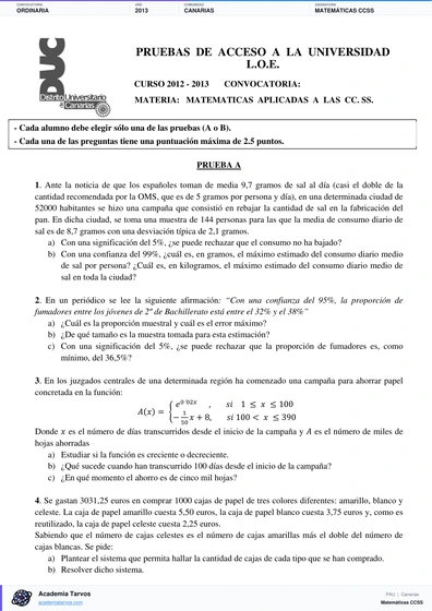 Vista previa de Examen PAU de Matemáticas CCSS de Canarias 2013 – Ordinaria