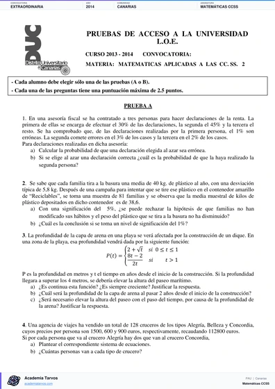 Vista previa de Examen PAU de Matemáticas CCSS de Canarias 2014 – Extraordinaria