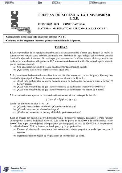 Vista previa de Examen PAU de Matemáticas CCSS de Canarias 2014 – Ordinaria