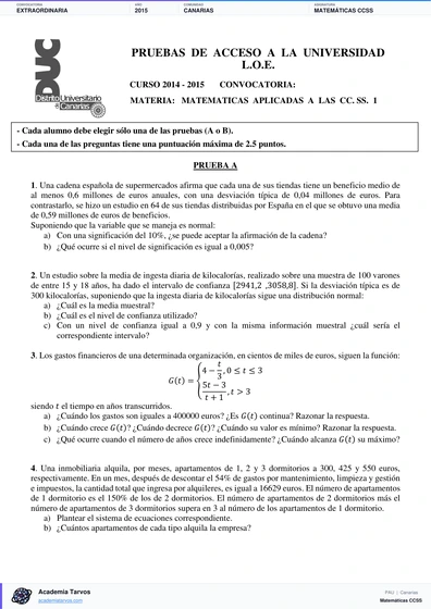 Vista previa de Examen PAU de Matemáticas CCSS de Canarias 2015 – Extraordinaria