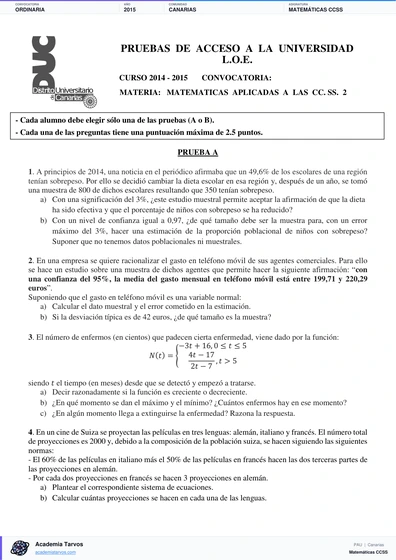 Vista previa de Examen PAU de Matemáticas CCSS de Canarias 2015 – Ordinaria