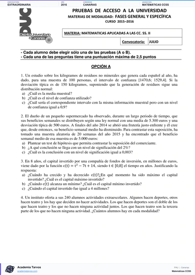 Vista previa de Examen PAU de Matemáticas CCSS de Canarias 2016 – Extraordinaria
