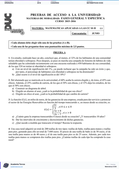 Vista previa de Examen PAU de Matemáticas CCSS de Canarias 2016 – Ordinaria