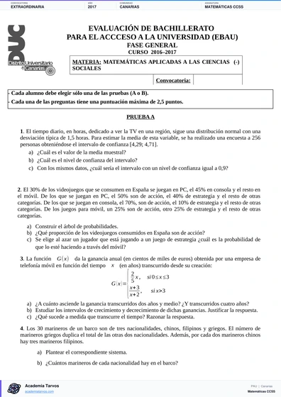 Vista previa de Examen PAU de Matemáticas CCSS de Canarias 2017 – Extraordinaria