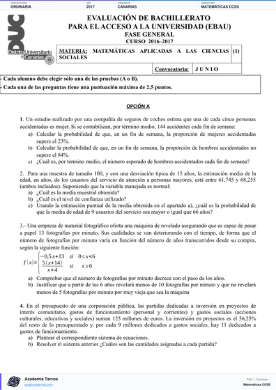 Vista previa de Examen PAU de Matemáticas CCSS de Canarias 2017 – Ordinaria