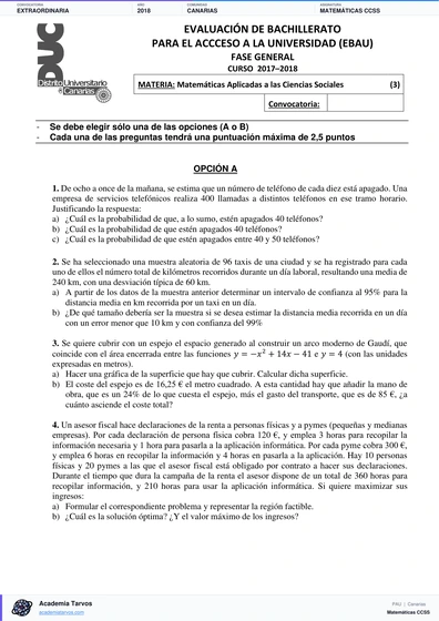 Vista previa de Examen PAU de Matemáticas CCSS de Canarias 2018 – Extraordinaria