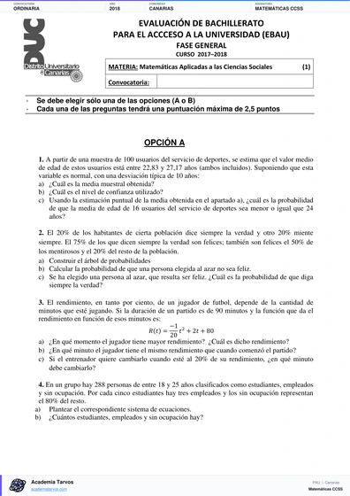 Vista previa de Examen PAU de Matemáticas CCSS de Canarias 2018 – Ordinaria