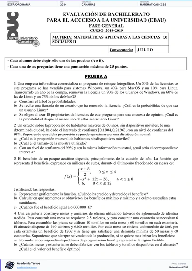 Vista previa de Examen PAU de Matemáticas CCSS de Canarias 2019 – Extraordinaria