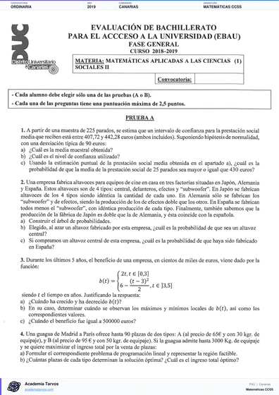 Vista previa de Examen PAU de Matemáticas CCSS de Canarias 2019 – Ordinaria