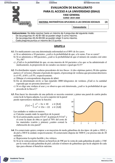 Vista previa de Examen PAU de Matemáticas CCSS de Canarias 2020 – Extraordinaria