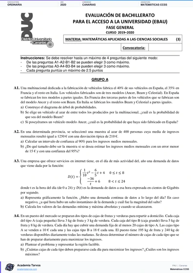 Vista previa de Examen PAU de Matemáticas CCSS de Canarias 2020 – Ordinaria