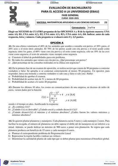 Vista previa de Examen PAU de Matemáticas CCSS de Canarias 2021 – Extraordinaria