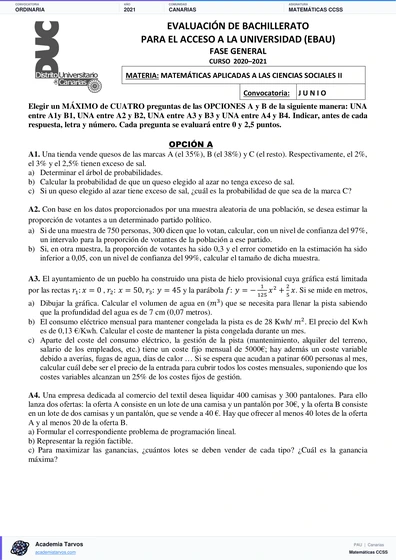 Vista previa de Examen PAU de Matemáticas CCSS de Canarias 2021 – Ordinaria