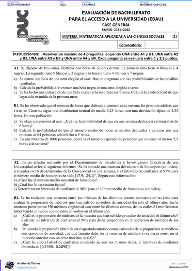 Vista previa de Examen PAU de Matemáticas CCSS de Canarias 2022 – Extraordinaria