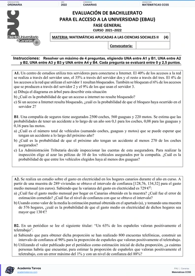 Vista previa de Examen PAU de Matemáticas CCSS de Canarias 2022 – Ordinaria