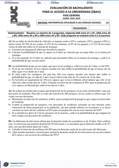 Vista previa de Examen PAU de Matemáticas CCSS de Canarias 2023 – Extraordinaria